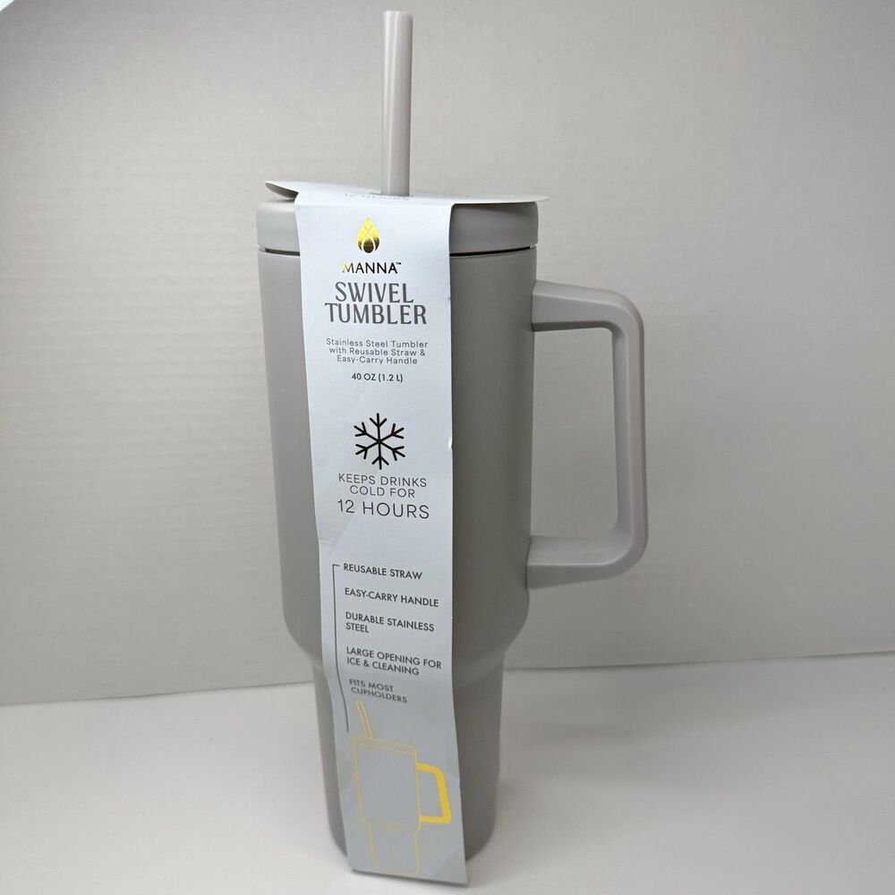MANNA Easy Carry Handle Stainless Steel Tumbler Gray 40 Oz Reusable Straw New